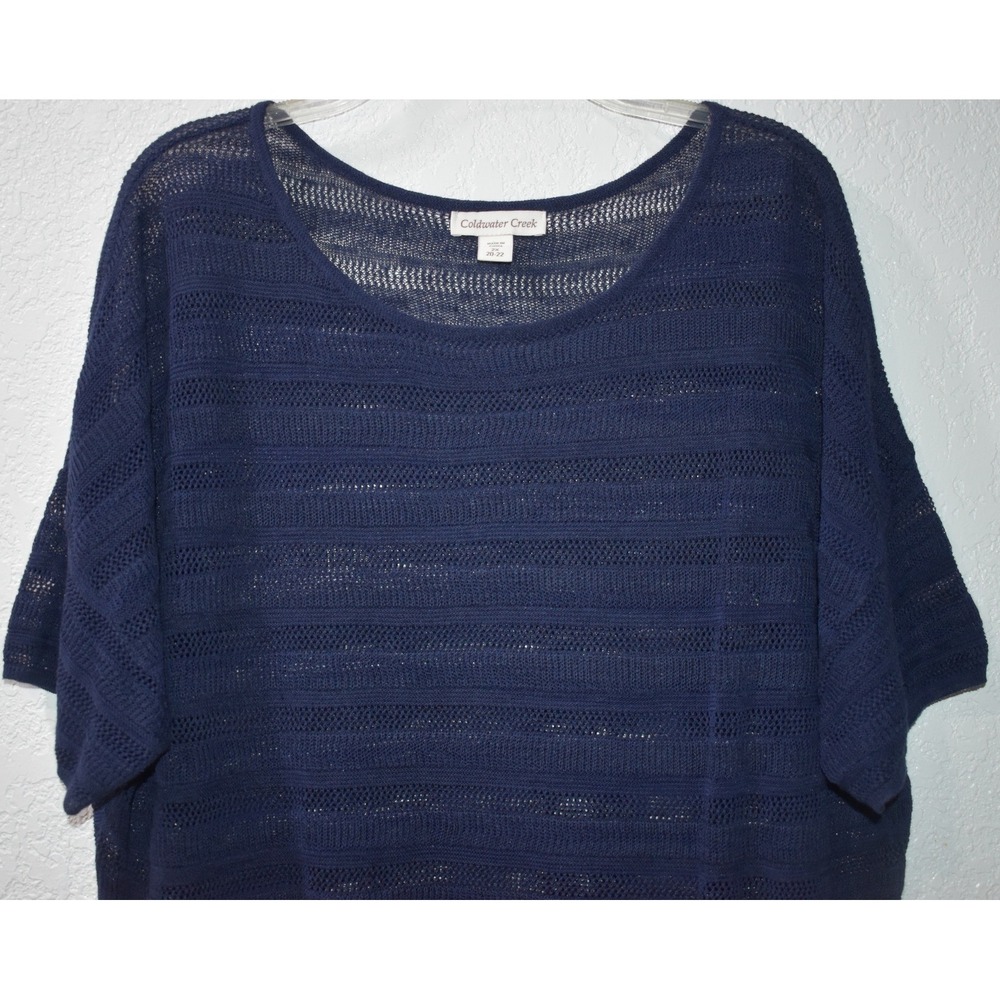 Coldwater Creek 2X Pointelle Knit Linen Blend Short Sleeve Sweater Top Navy Blue